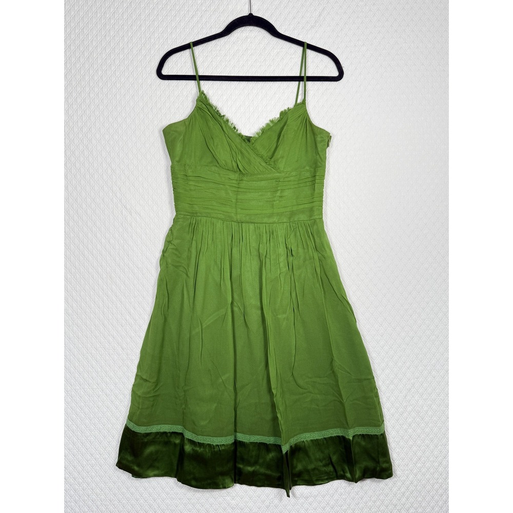Babydoll Green Silk Pleated Fringe Hem Midi Dress Sz 8 Laundry by Shelli Segal